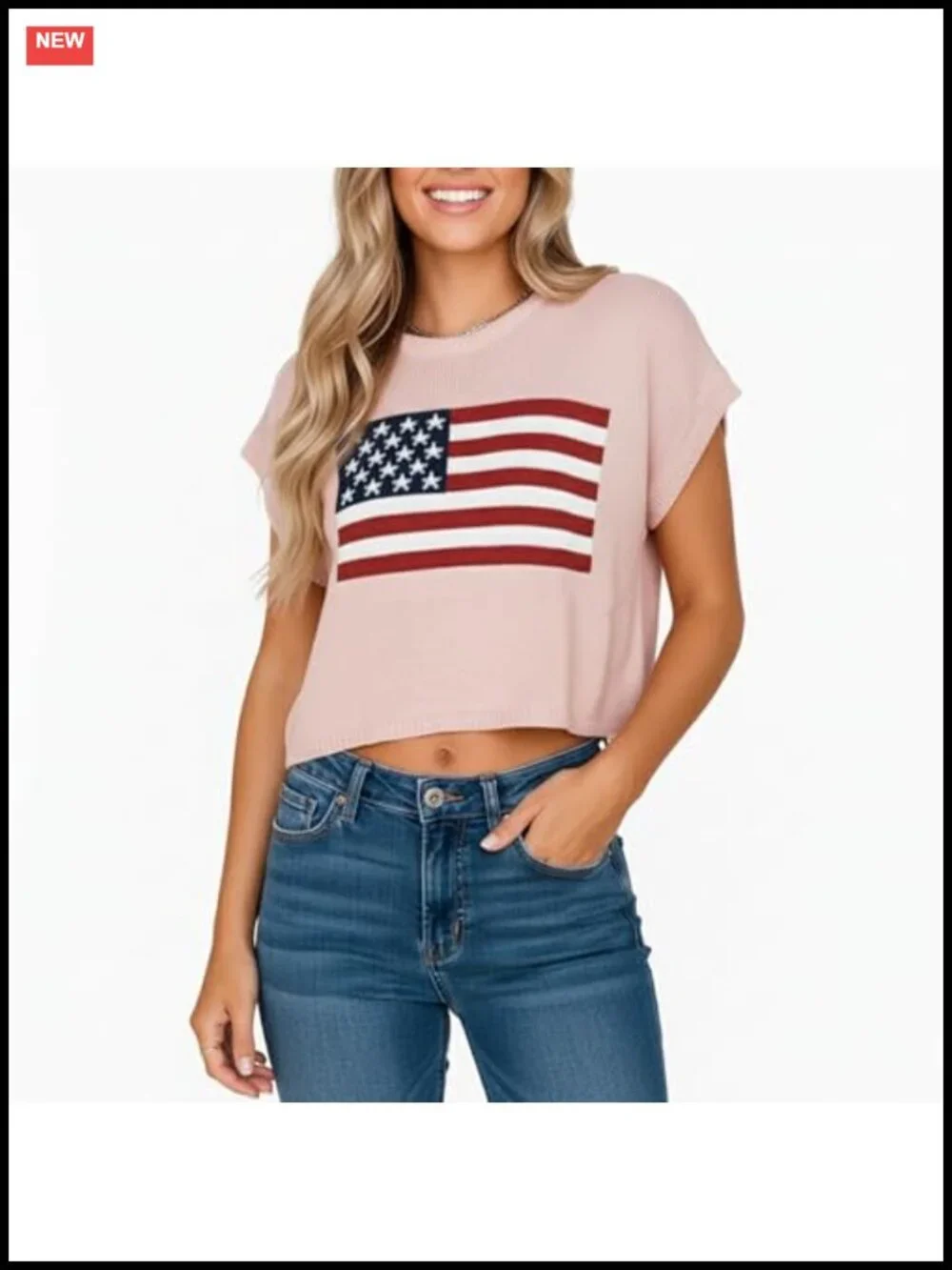 Women's American Flag Knit Pullover Sweater Lightweight Long Sleeve Crew Neck